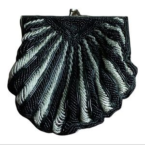 Walborg Beaded Black & Silver Shell Clutch with Chain